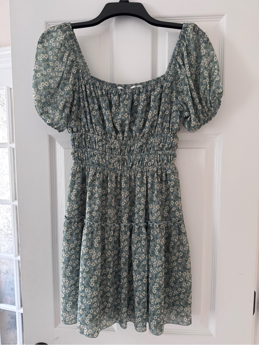 Altar'd State Dusty Green Floral Puff Sleeve Mini Dress/ Size Small